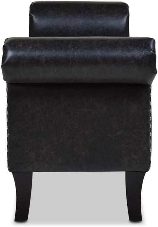 Kathy Roll Arm Entryway Accent Bench Vintage Black Brown Faux Leather