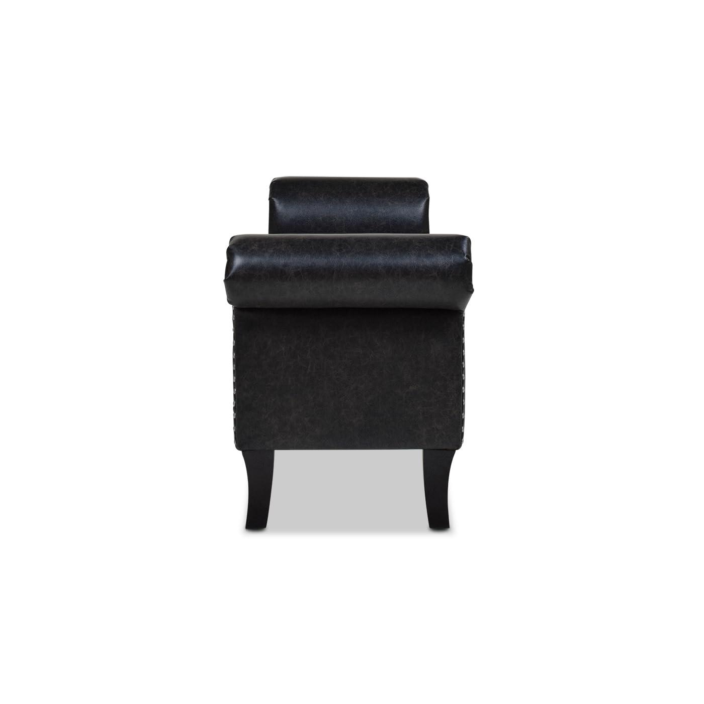 Kathy Roll Arm Entryway Accent Bench Vintage Black Brown Faux Leather