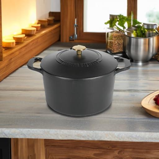 Martha Stewart Gatwick 7qt Enamel Cast Iron Dutch Oven Matte Black: Oven-Safe, Gas & Electric Compatible, 15" Diameter
