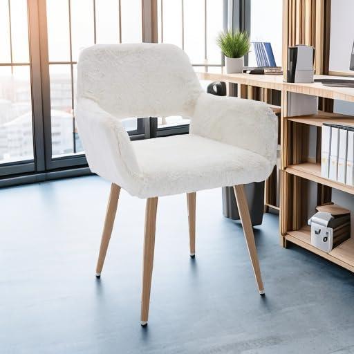 KCC Furry Desk Chair, Mid-Century Modern Accent Armchair with Faux Fur for Teen Girls, Dining Chair With Wood Look Metal Legs Living Dining Room, Home Vanity Makeup Office No Wheel, White