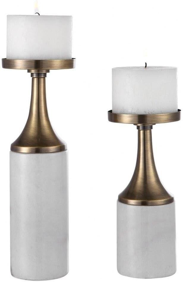 Contemporary White Marble and Brass Candle Holders Set of 2