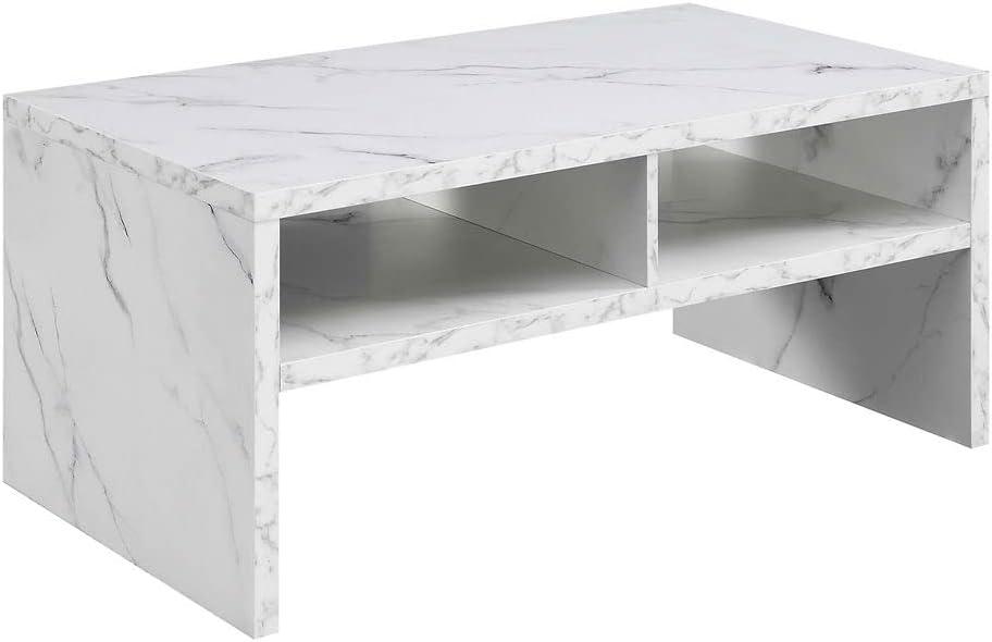 Modern Rectangular Wood & White Marble Coffee Table with Shelves