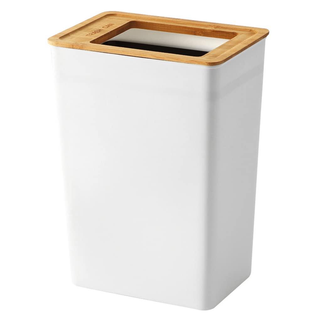 Slim White Plastic Trash Can with Bamboo Lid for Indoor Use