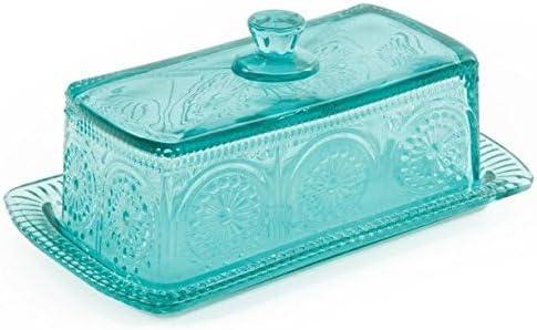 Teal Embossed Glass Butter Dish with Lid