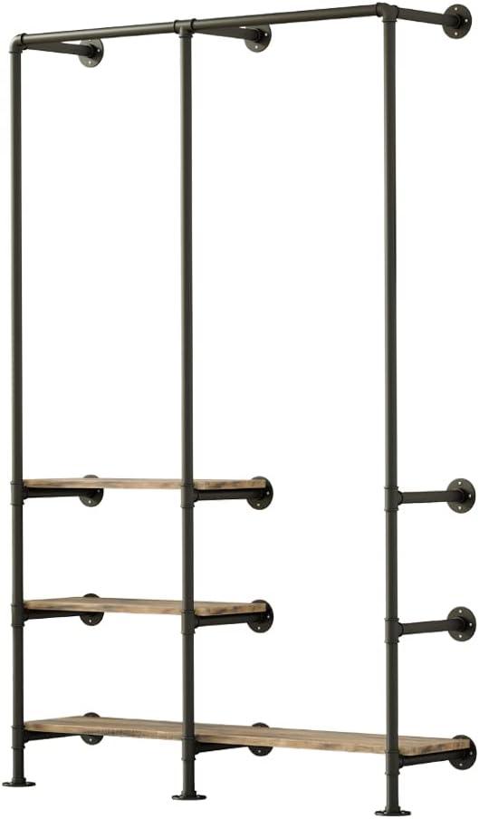 Black Industrial Pipe Wall Mounted Clothing Rack with Shelves