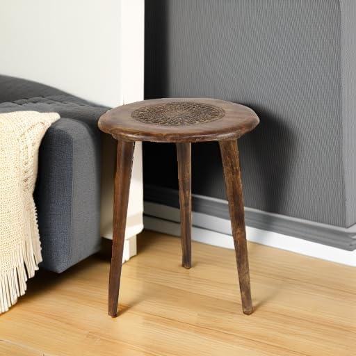 Carved Mango Wood Tripod Table Brown - Olivia & May: Handmade, Indoor, Rustic Style, 100 lbs Max