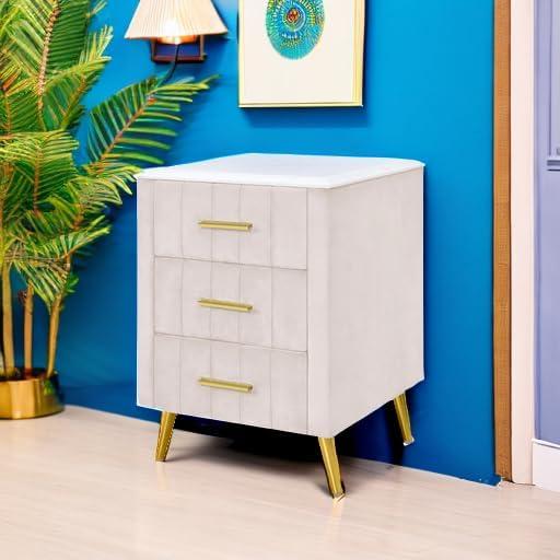 Harper & Bright Designs Upholstered Wooden Nightstand with 3 Drawers and Metal Legs & Handles, Bedside Table with Marbling Worktop, Beige