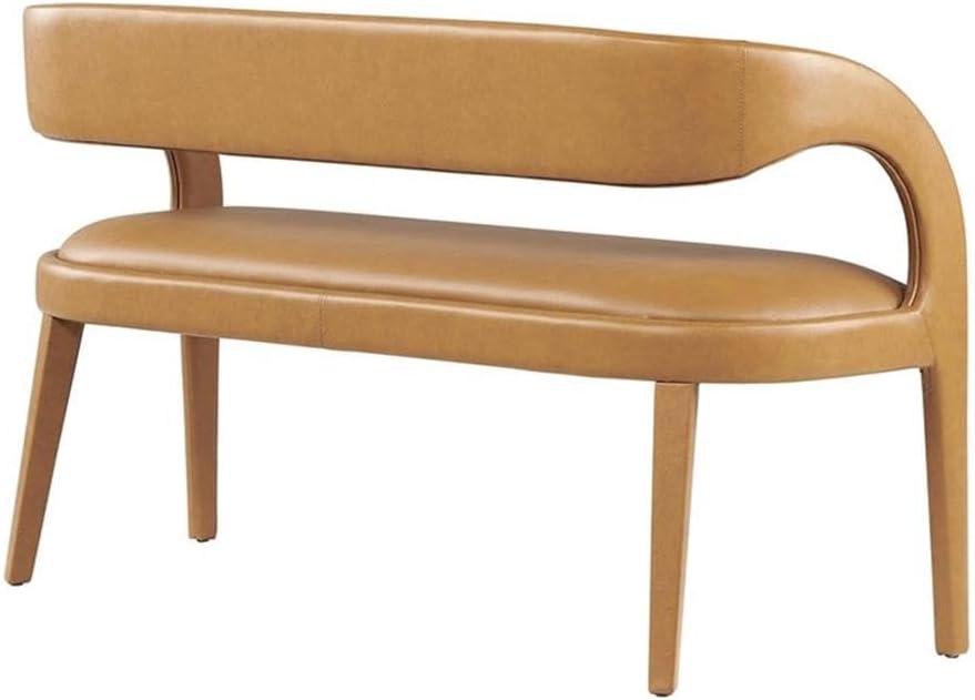 Tan Vegan Leather Curved Backrest Accent Bench