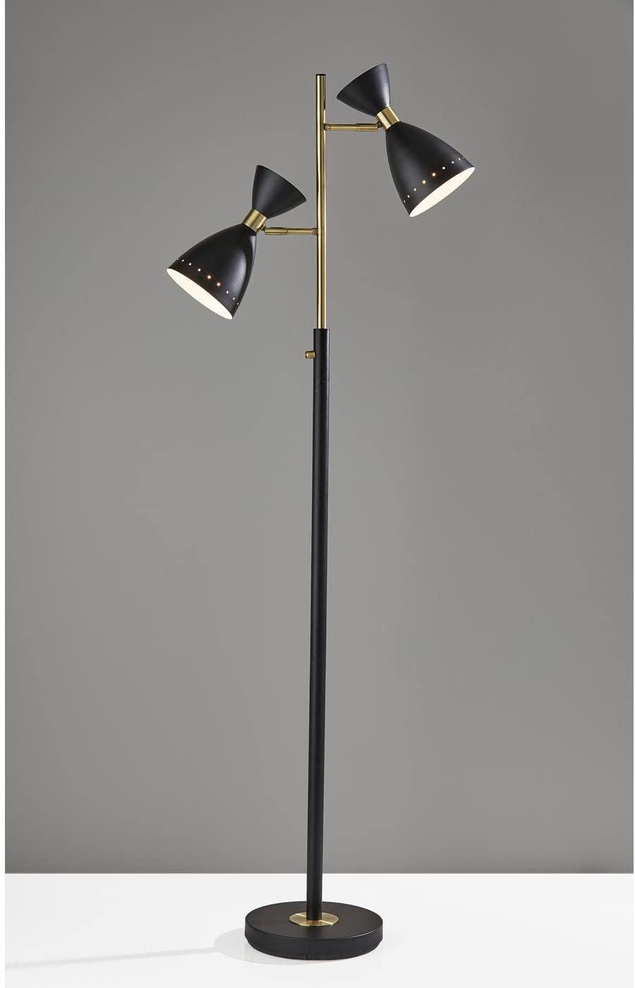 Adesso Oscar 68" Antique Brass/Black Metal Floor Lamp with 2 Cone Shades (4285-01)