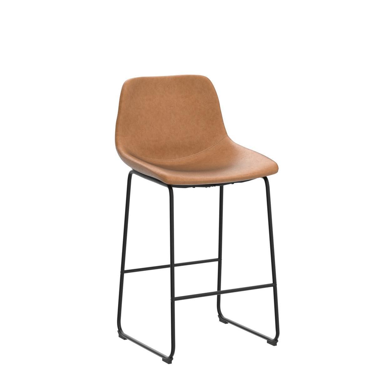 WM 26 inch Counter Height Bar Stools Set of 4, Modern Faux Leather High Barstools with Back and Metal Leg, Bar Chairs for Indoor & Outdoor, Brown