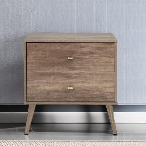 Prepac Mid Century Modern 2 Drawer Wide Nightstand Drifted Gray : Rubberwood Construction, Rectangle Shape, 25" Height