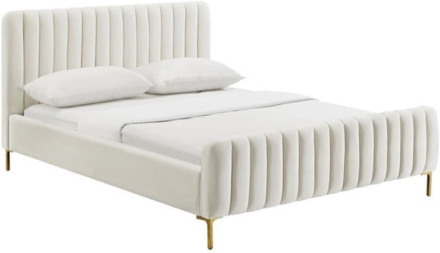 Maklaine 41.7"H Transitional Velvet Upholstered Queen Bed in Cream