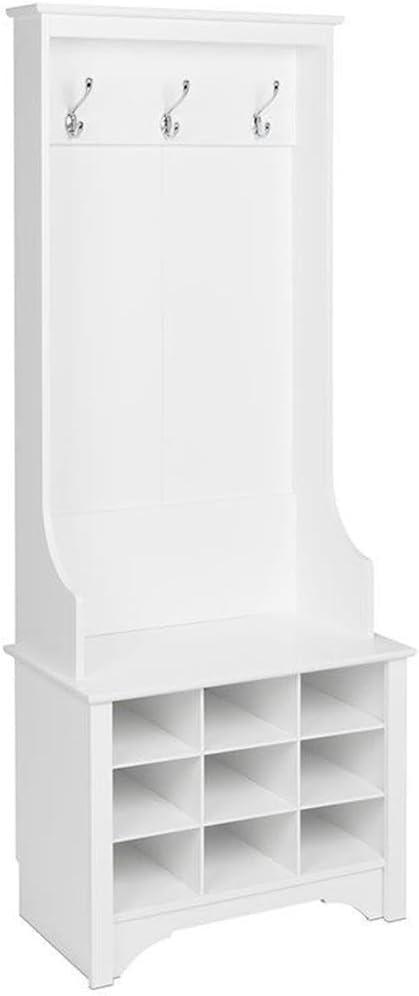 27" Narrow Hall Tree with 9 Shoe Cubbies White - Prepac: Modern Entryway Organizer, Mudroom Storage, Metal Hooks