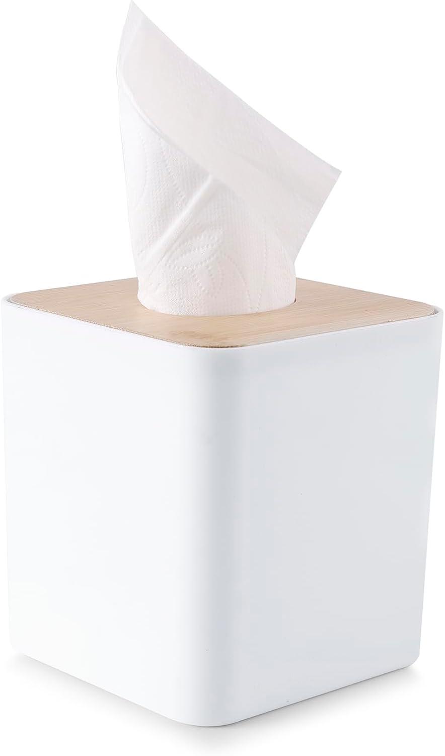 Square Tissue Box Cover,White Tissue Box Holder,Bamboo Facial Cube Box Cover for Storage on Bathroom Vanity, Countertop, Bedroom Dresser