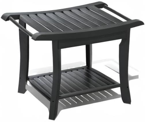 Black Bamboo Waterproof Shower Stool with Storage Shelf