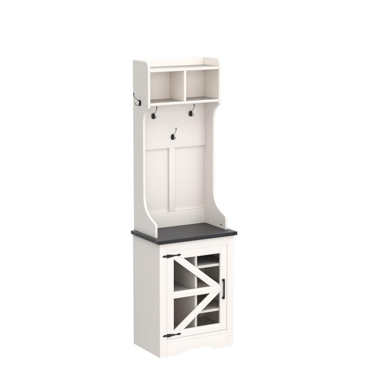 T4TREAM Farmhouse Entryway Hall Tree with Bench and Shoe Storage, Coat Rack with Coat Hooks, White