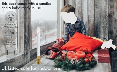 Electric Christmas Window Candle Lamp with Brass Plated Base, Dusk to Dawn | Auto Sensor | Turns Candle on in Dark and Off in Light, Ready to Use! | 4 Pack