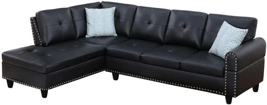 Devion Furniture Contemporary Faux Leather Nailhead Trim L Shaped Sectional Sofa Set Black