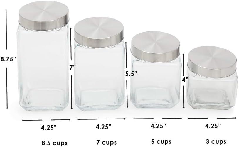 Clear Glass Square Canister Set with Stainless Steel Lids, 4-Piece