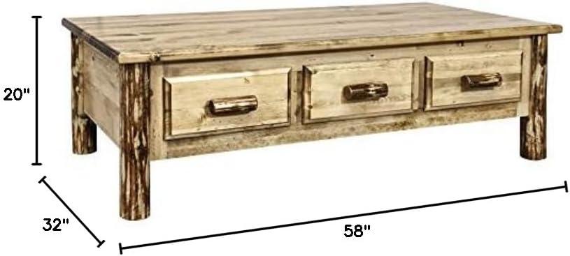 Rustic Pine Solid Wood Rectangular Coffee Table with Storage