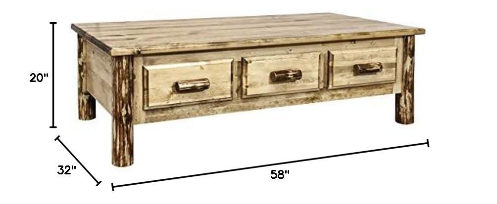 Rustic Pine Solid Wood Rectangular Coffee Table with Storage