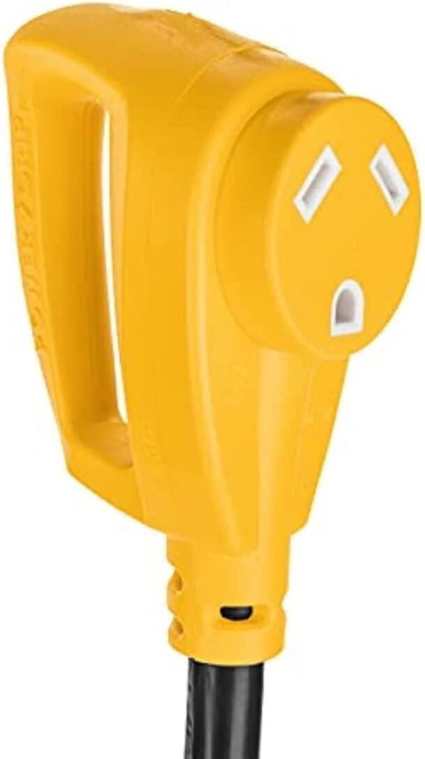 Camco Power Grip 18-inch 50 to 30-Amp Dogbone RV Electrical Adapter - 125 Volts 3750 Watts – 10/3-Gauge Wires, Yellow (55175)