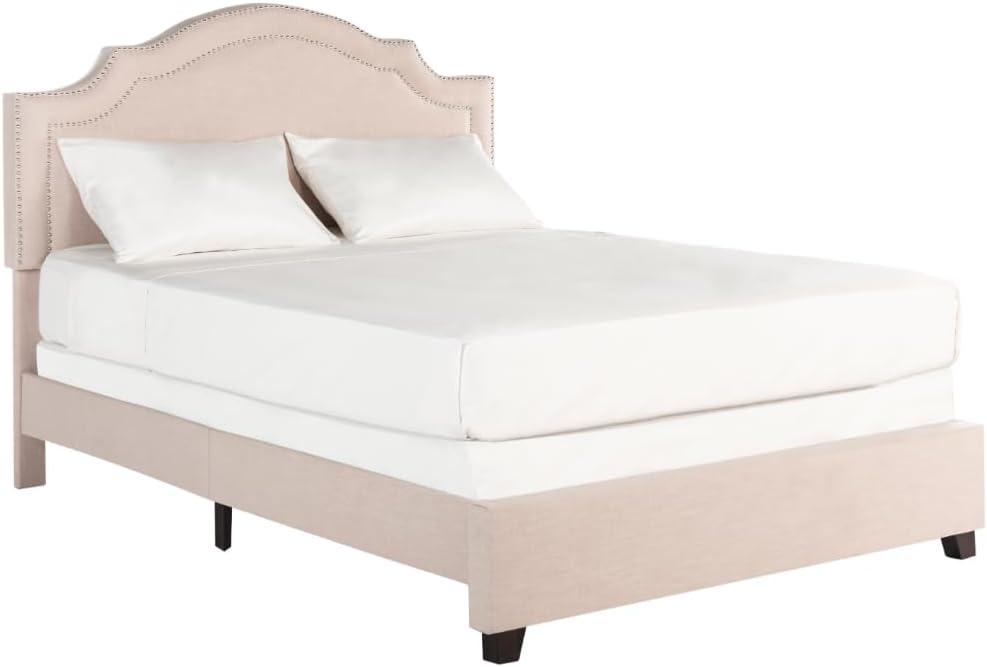 SAFAVIEH Theron Modern Elegant Upholstered Bed Frame w/Nail Heads, Queen, Light Beige/Silver Nails