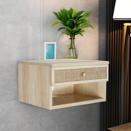 Light Oak and Rattan Floating Nightstand with Brass Knob