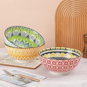 AHX arge Ceramic Serving Bowl Set - 8-InchColorful Porcelain Pasta Bowls - Perfect for Salad, Soup, Noodle, Ramen - Microwave and Dishwasher Safe - 57 oz (1400 ml)
