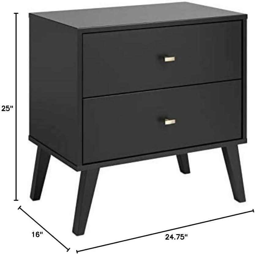 Mid Century Modern 2 Drawer Wide Nightstand Black - Prepac: Sleek Bedside Furniture, Tapered Legs