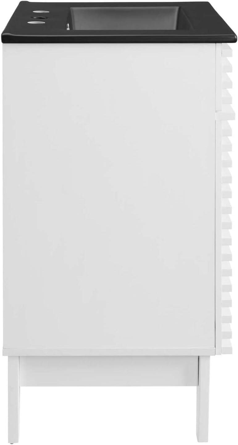 Modway 24 Inch Modern White Black Wood Bathroom Vanity with Sink and Floor Cabinet