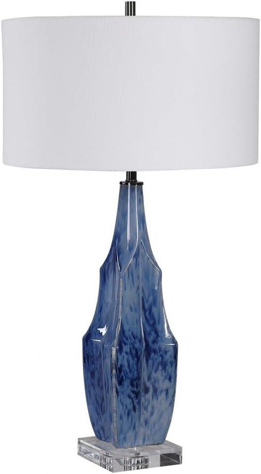 Uttermost Traditional Table Lamp 31" Tall Indigo Blue Glaze Ceramic White Linen Drum Shade for Living Room Bedroom House Bedside