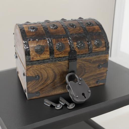 Nautical Cove Wooden Treasure Chest with Padded Velvet Lining and Antique Lock with Skeleton Keys (Small 8x6x6) – Luxury Wood Pirate Chest, Wooden Keepsake Box, Decorative Box with Lid
