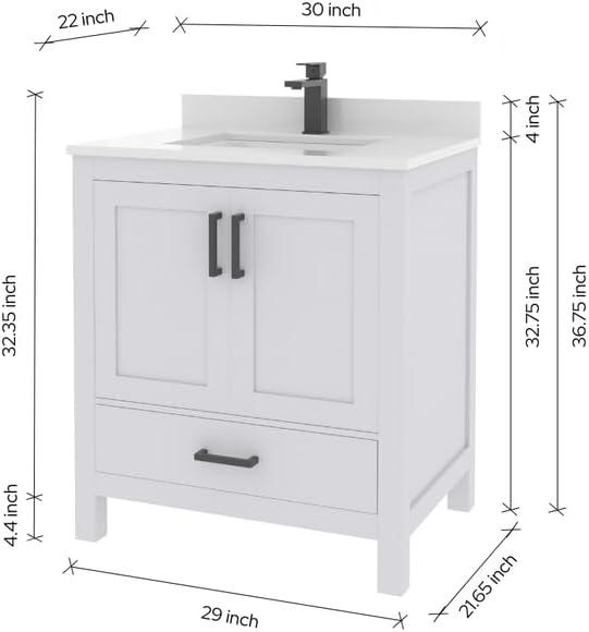 Ayna Decors Rooh 24 in White Bathroom Vanity Set with White Quartz Countertop | Ceramic Sink | 2 Soft Closing Doors | 1 Full Extention Soft Close Drawer | Brushed Nickel Hardware | AVR24WH3002