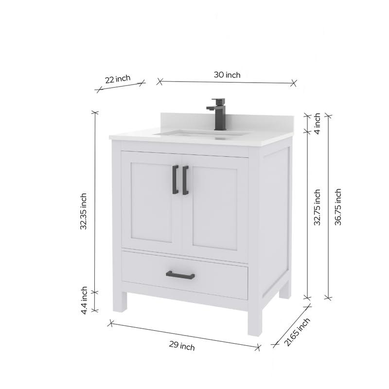 Ayna Decors Rooh 24 in White Bathroom Vanity Set with White Quartz Countertop | Ceramic Sink | 2 Soft Closing Doors | 1 Full Extention Soft Close Drawer | Brushed Nickel Hardware | AVR24WH3002