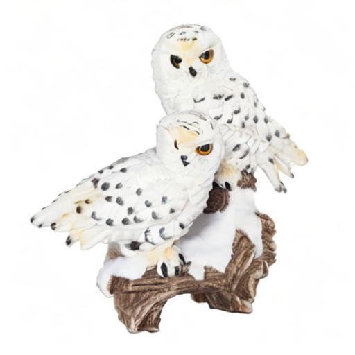 ICE ARMOR 6"W Snowy Owl Couple Standing on Tree Trunk Statue Wild Animal Decoration Figurine