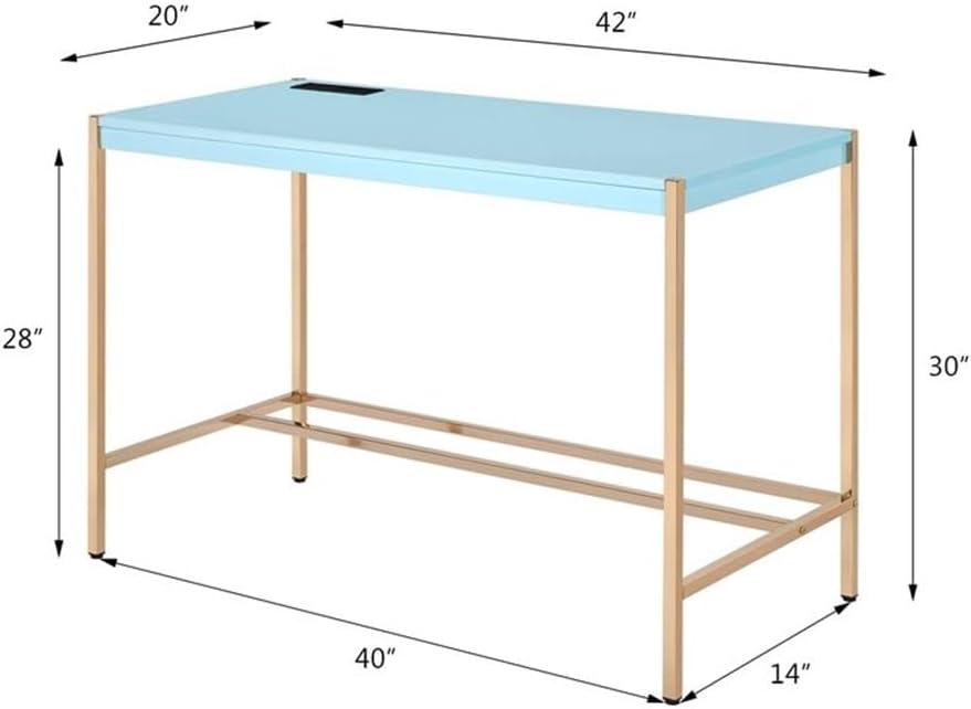 42" Midriaks Writing Desk Baby Blue/Gold Finish - Acme Furniture: Chic Office Furniture with USB Ports