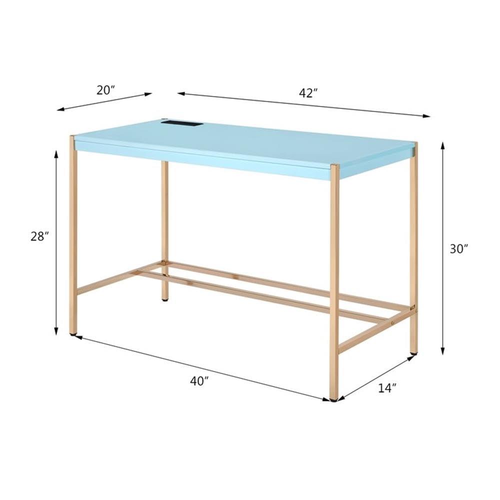 42" Midriaks Writing Desk Baby Blue/Gold Finish - Acme Furniture: Chic Office Furniture with USB Ports