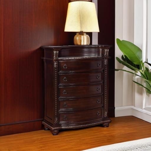 Cherry Brown 5-Drawer Solid Wood Chest with Marble Top