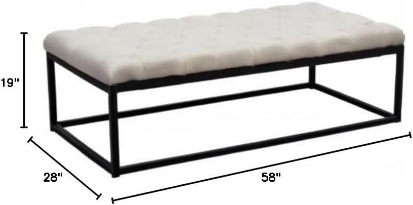 Large Beige Linen Upholstered Bench with Black Metal Base