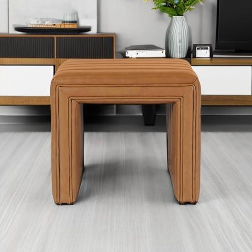 Modern Channel Ottoman Caramel Faux Leather - HomePop: Upholstered Rectangle, No Assembly Required