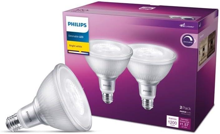Philips LED 120-Watt PAR38 In/Outdoor Flood Light Bulb, Bright White, Dimmable, 40° Beam Spread, E26 Medium Base (2-Pack)