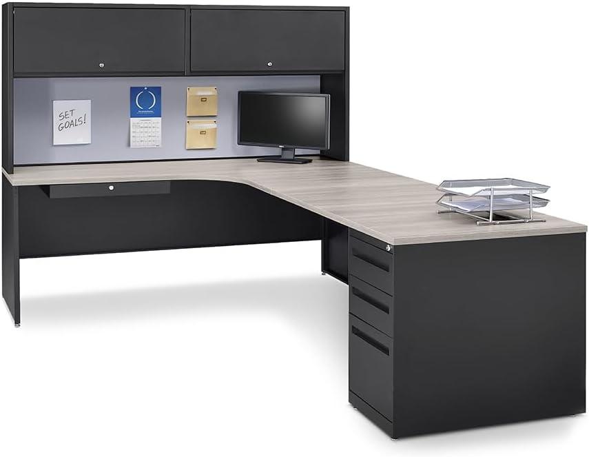 Gray and Black Executive Corner Computer Desk with Hutch and Drawers