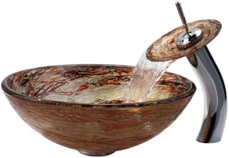 Kraus C-GV-651-12mm-10CH Copper Glass Circular Vessel Bathroom Sink with Faucet and Overflow