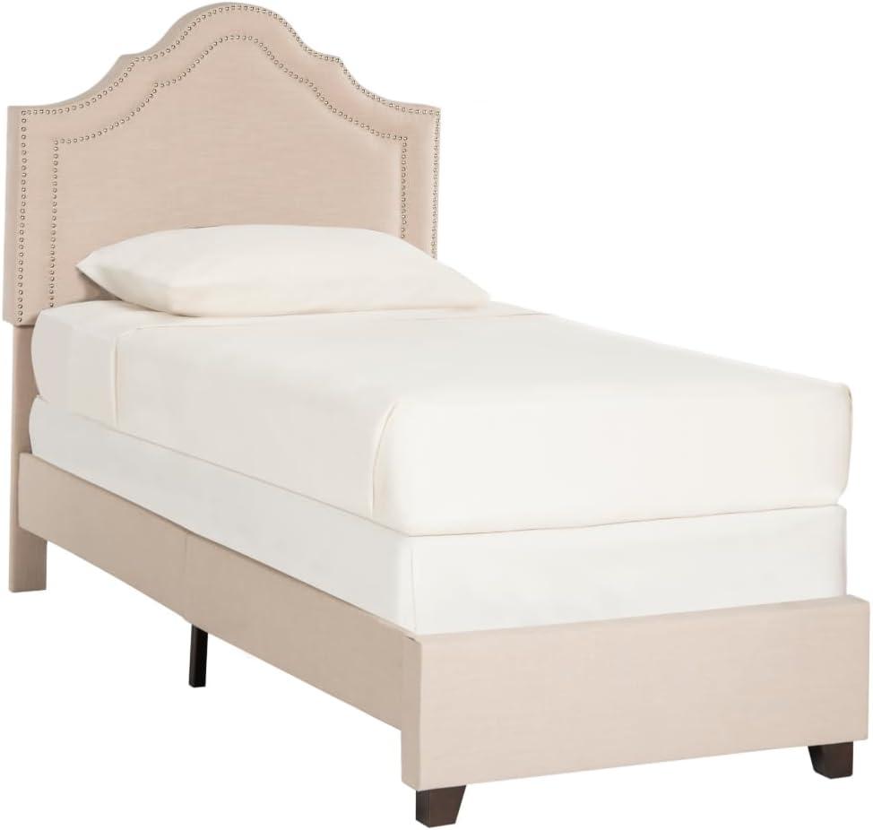 SAFAVIEH Theron Modern Elegant Upholstered Bed Frame w/Nail Heads, Queen, Light Beige/Silver Nails