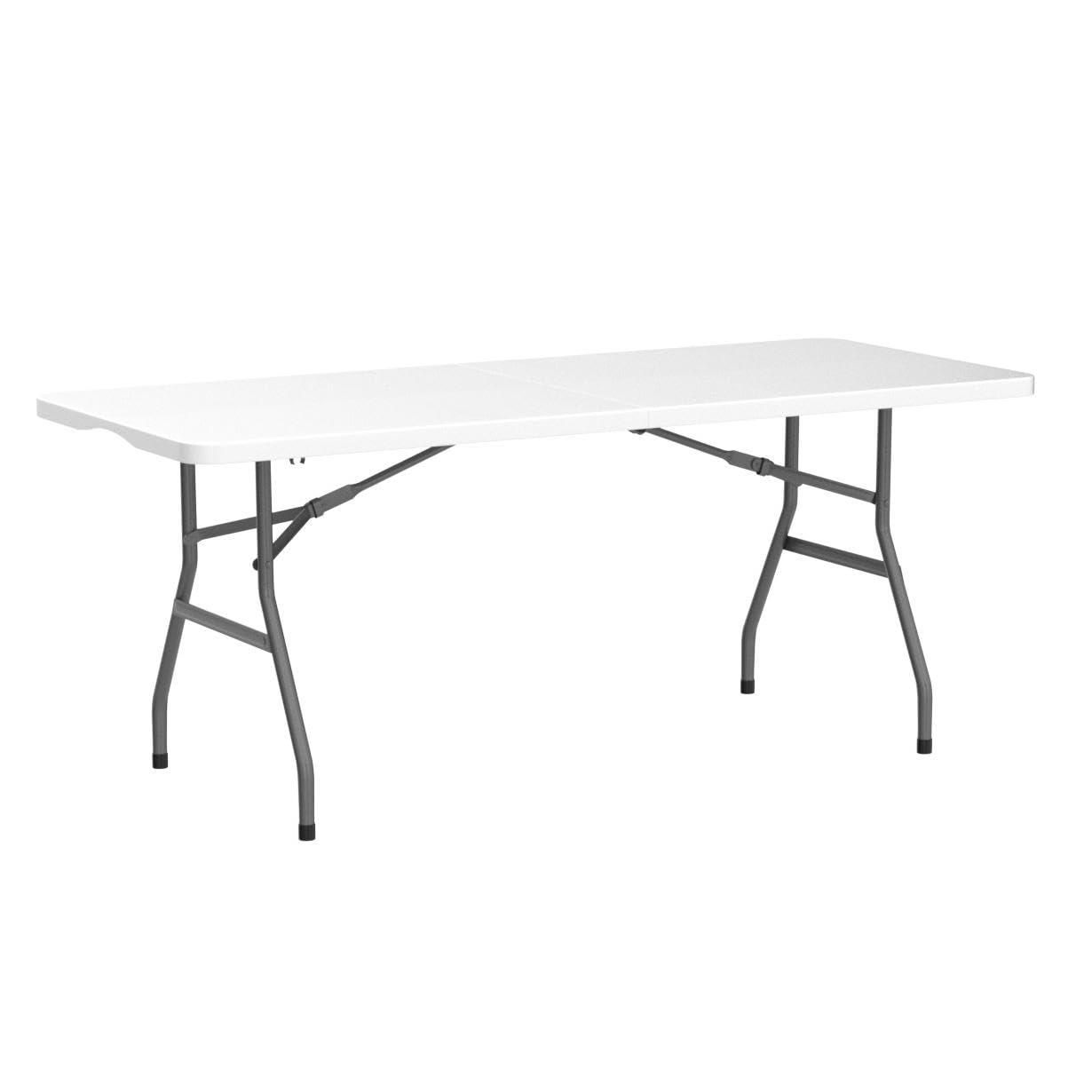 Folding Table 6 Foot,  Heavy-Duty, Portable Plastic Construction with Carrying Handle – Perfect for Picnics, Parties, and Office Indoor Outdoor Use, White