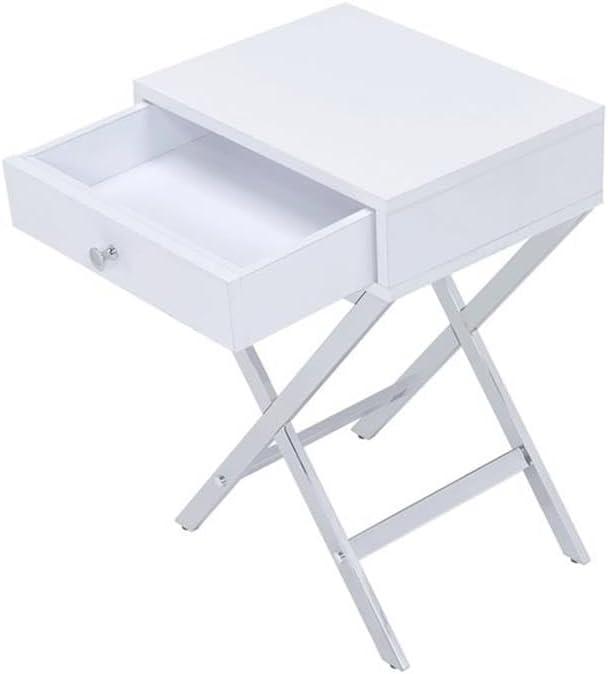 16" Coleen Accent Table White/Chrome Finish - Acme Furniture: Brass Base, Drawer Storage, No Assembly Required