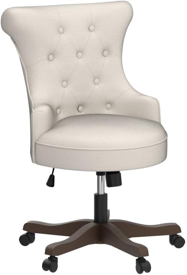 Beige Linen Upholstered Swivel Office Chair with Wooden Legs