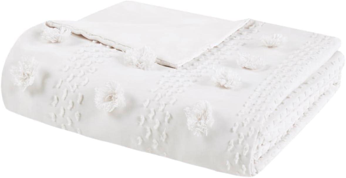 Ivory Twin/Twin XL Clipped Jacquard Duvet Cover Set with Pom Poms