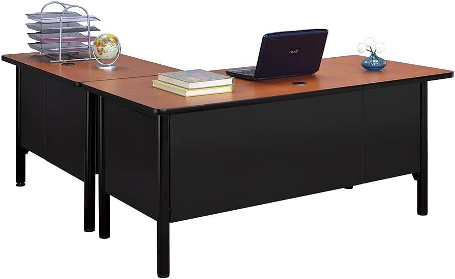 Cherry and Black L-Shaped Executive Office Desk with Lockable Drawers